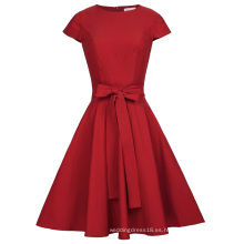 Belle Poque Retro vintage sólido color casquillo manga cuello redondo rojo casual 50s Vintage Rockabilly vestidos BP000361-2